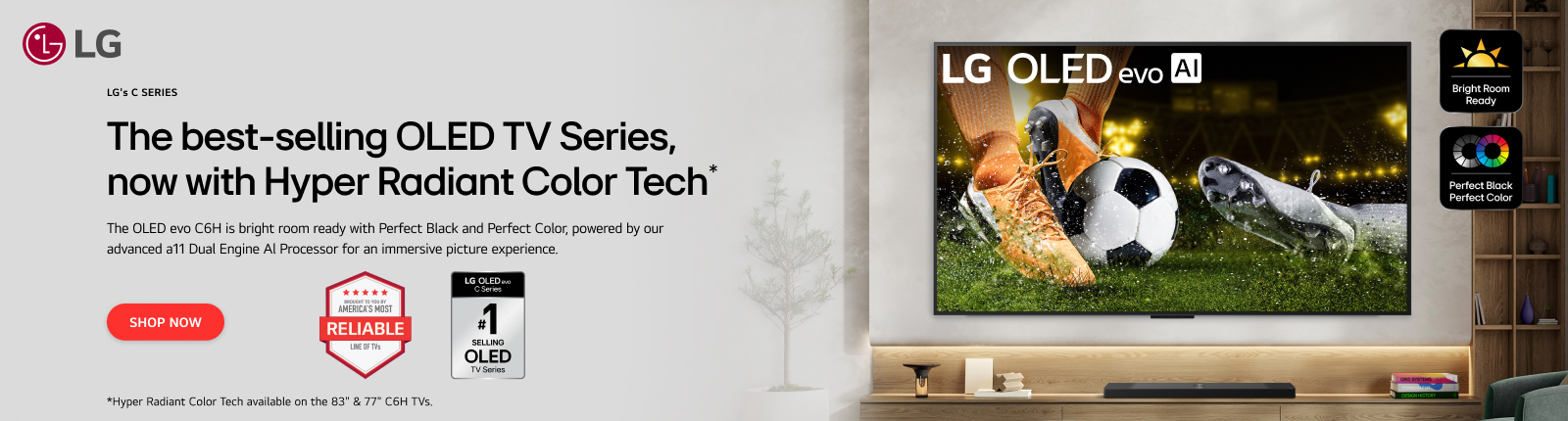 LG OLED evo AI C Series TV promotional banner featuring a soccer match displayed on a wall-mounted OLED TV in a modern living room. The ad highlights Hyper Radiant Color Tech, bright room readiness, Perfect Black and Perfect Color, with LG branding, reliability awards, and a red “Shop Now” button.