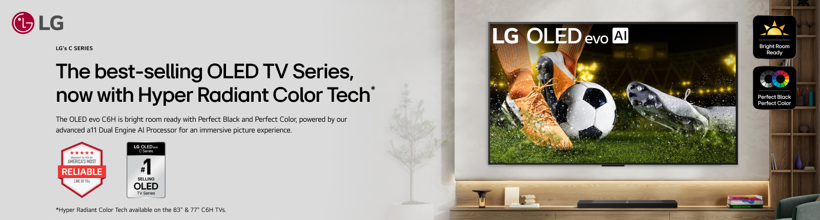 LG OLED evo AI C Series TV promotional banner featuring a soccer match displayed on a wall-mounted OLED TV in a modern living room. The ad highlights Hyper Radiant Color Tech, bright room readiness, Perfect Black and Perfect Color, with LG branding, reliability awards, and a red “Shop Now” button.