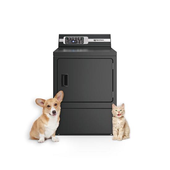 DR7 Sanitizing Gas Dryer in Black Featuring Pet Plus™ (front with animals)