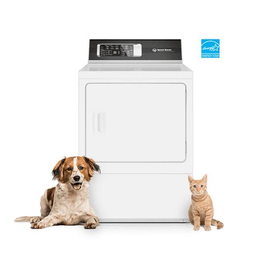 DR7 Sanitizing Gas Dryer in White Featuring Pet Plus™ (front animals)