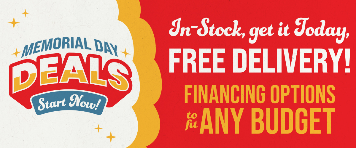 Memorial Day Deals sale banner featuring free delivery, in-stock products, and financing options to fit any budget at ABC Warehouse.