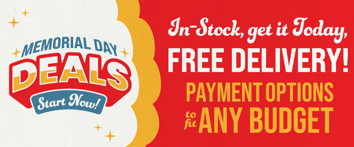 Memorial Day Deals sale banner featuring free delivery, in-stock products, and financing options to fit any budget at ABC Warehouse.