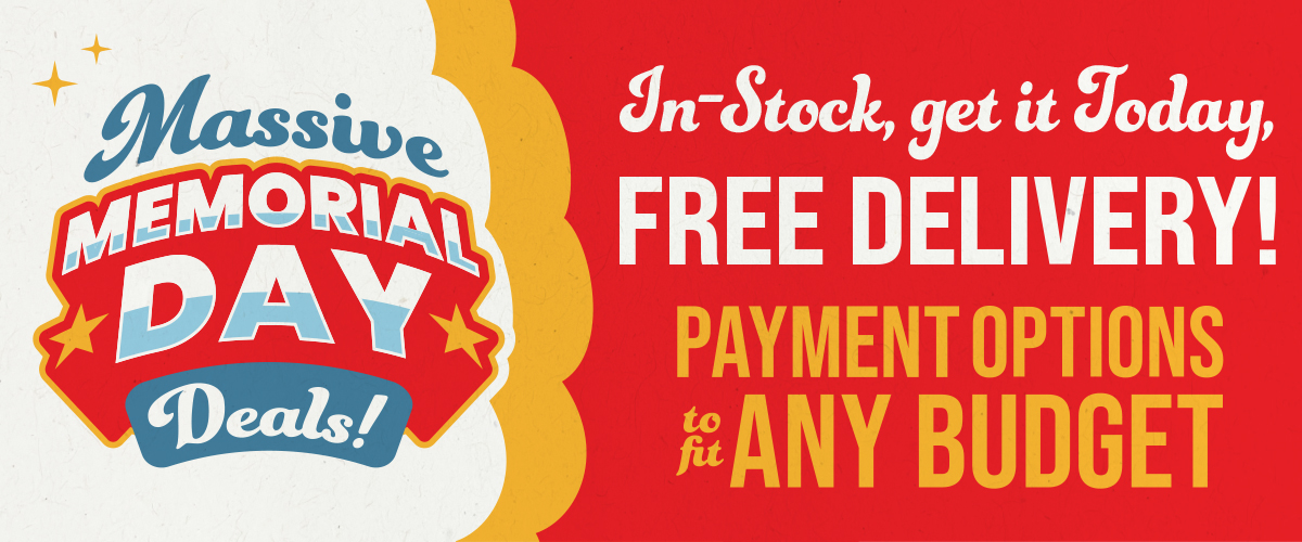 Massive Spring Clearance Sale banner featuring “up to 75% off,” with messaging highlighting in-stock items available today, free delivery, and financing options to fit any budget.