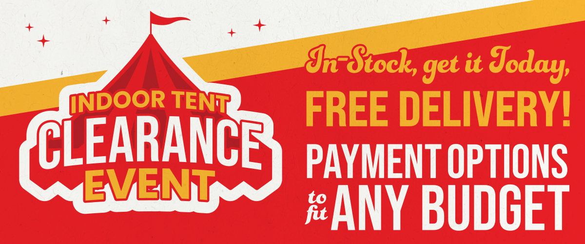 Indoor Tent Clearance Event promotional graphic featuring a red and gold circus-style tent logo. Text highlights "In-Stock, get it Today," "FREE DELIVERY!" and "Payment Options to Fit Any Budget" on a red background with decorative star accents.