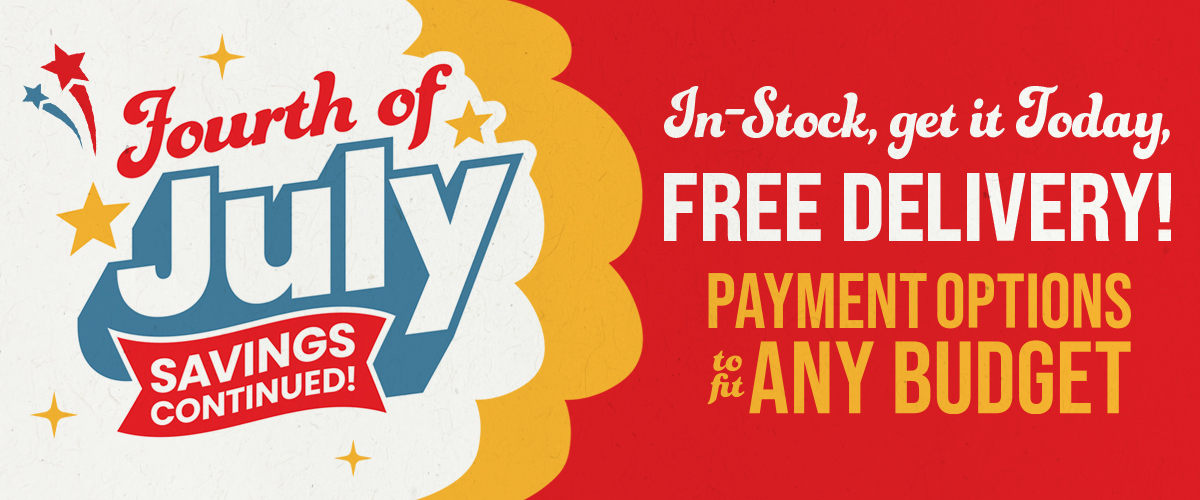 Indoor Tent Clearance Event promotional graphic featuring a red and gold circus-style tent logo. Text highlights "In-Stock, get it Today," "FREE DELIVERY!" and "Payment Options to Fit Any Budget" on a red background with decorative star accents.