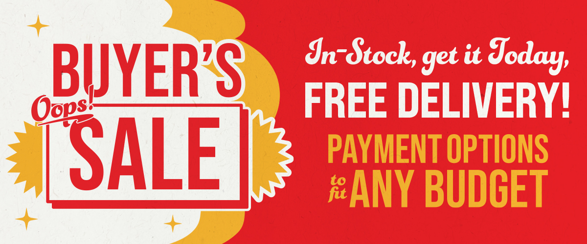 Indoor Tent Clearance Event promotional graphic featuring a red and gold circus-style tent logo. Text highlights "In-Stock, get it Today," "FREE DELIVERY!" and "Payment Options to Fit Any Budget" on a red background with decorative star accents.