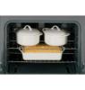 Hotpoint RGBS200DMWW gas oven interior showing two oven racks with cookware and a baking dish.