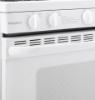 Hotpoint RGBS200DMWW gas range close-up showing white rotary control knobs and front oven door handle.