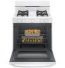 Hotpoint RGBS200DMWW freestanding gas range with oven door open showing spacious interior and multiple oven racks.