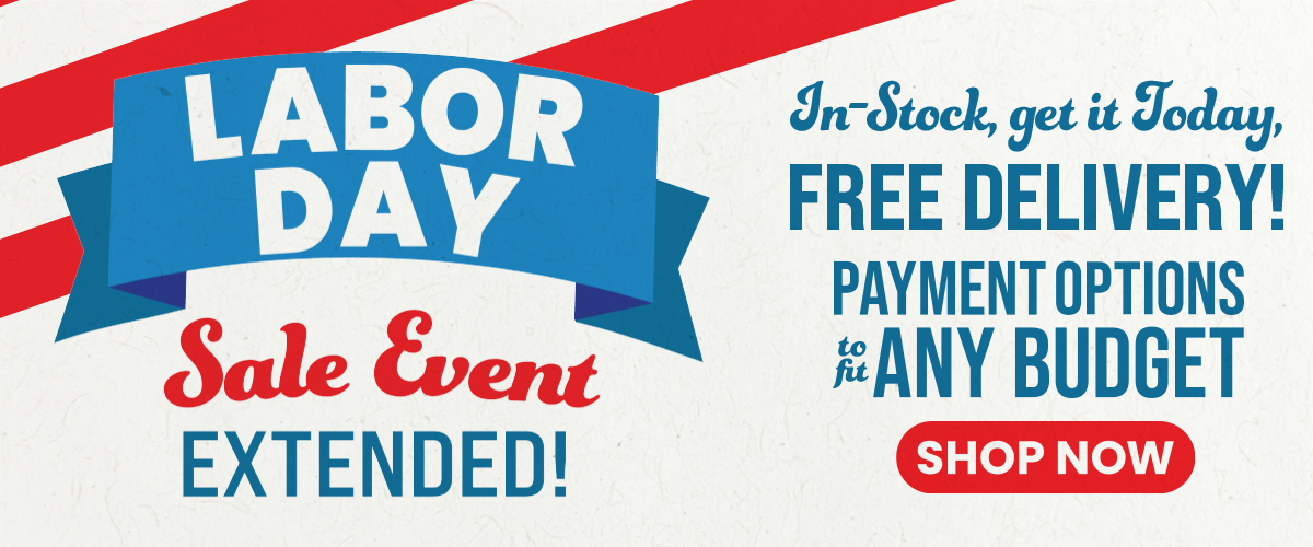 Indoor Tent Clearance Event promotional graphic featuring a red and gold circus-style tent logo. Text highlights "In-Stock, get it Today," "FREE DELIVERY!" and "Payment Options to Fit Any Budget" on a red background with decorative star accents.