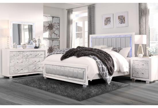 Santorini Queen 6-piece bedroom set in metallic white with queen bed, dresser, mirror and nightstand