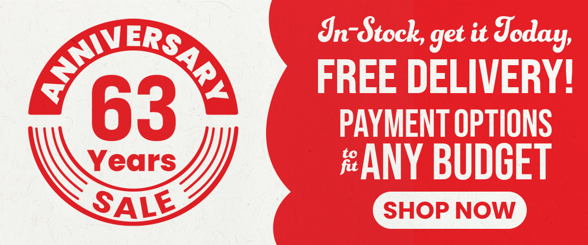 63rd Anniversary Sale at ABC Warehouse featuring in-stock products, free delivery, and payment options to fit any budget.