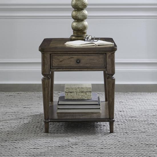Liberty Furniture Maui End Table in Sienna finish displayed beside a sofa