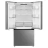 Midea MRF18B4AST French door refrigerator with both doors open showing glass shelves, spacious interior, door bins and produce drawers.