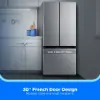Midea MRF18B4AST 30-inch French door refrigerator in a modern kitchen highlighting its slim, space-saving design.