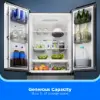 Midea 18.4 cu. ft. French door refrigerator interior filled with groceries, beverages and fresh produce, highlighting generous storage capacity.