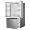 Midea MRF18B4AST stainless steel French door refrigerator angled view with upper doors open and bottom freezer drawer extended.