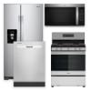 Whirlpool 4-piece stainless steel kitchen appliance package featuring side-by-side refrigerator, freestanding gas range, over-the-range microwave, and dishwasher.