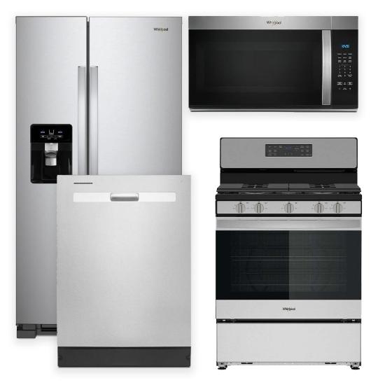 Whirlpool 4-piece stainless steel kitchen appliance package featuring side-by-side refrigerator, freestanding gas range, over-the-range microwave, and dishwasher.