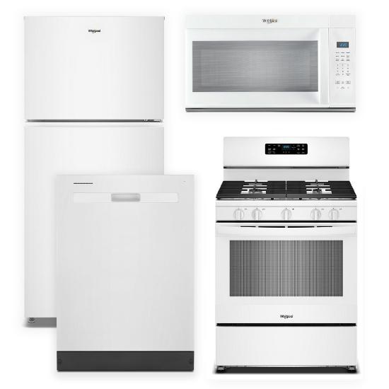 Whirlpool 4-piece white kitchen appliance package with top-freezer refrigerator, freestanding gas range, over-the-range microwave and dishwasher