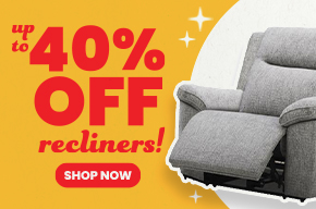 Gray fabric recliner with footrest extended beside bold text reading 