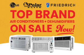 Sale graphic featuring LG, Polar Breeze, and Friedrich air conditioners and dehumidifiers with the headline 