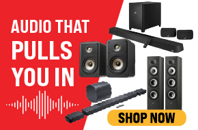 Home audio and theater speakers, soundbars and subwoofers with Audio That Pulls You In promotion