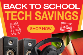ABC Warehouse Back to School Tech Savings event featuring audio equipment, headphones, and back-to-school electronics.