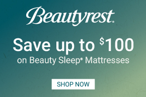 Beautyrest mattress promotion offering savings of up to $100 on Beauty Sleep mattresses with a Shop Now button.