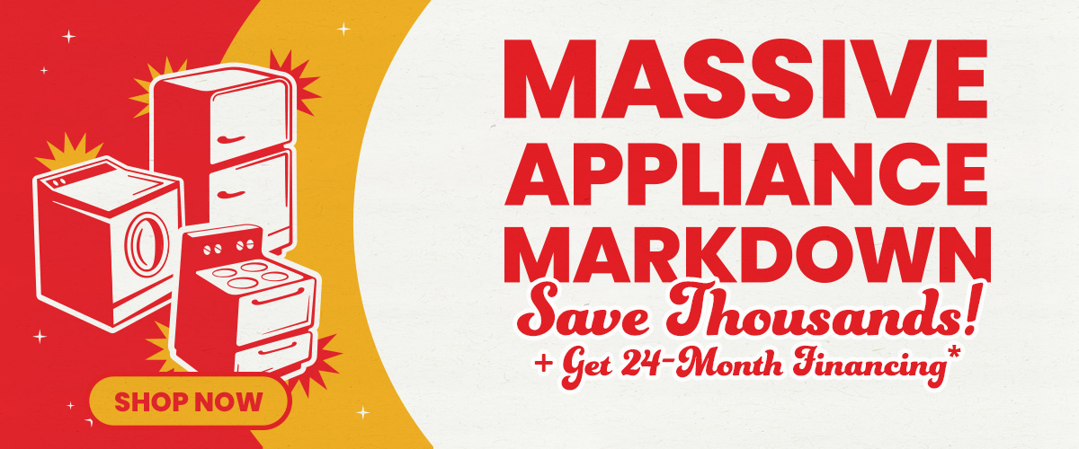 Massive Appliance Markdown promotional banner featuring illustrated washer, refrigerator, and range with the headline 