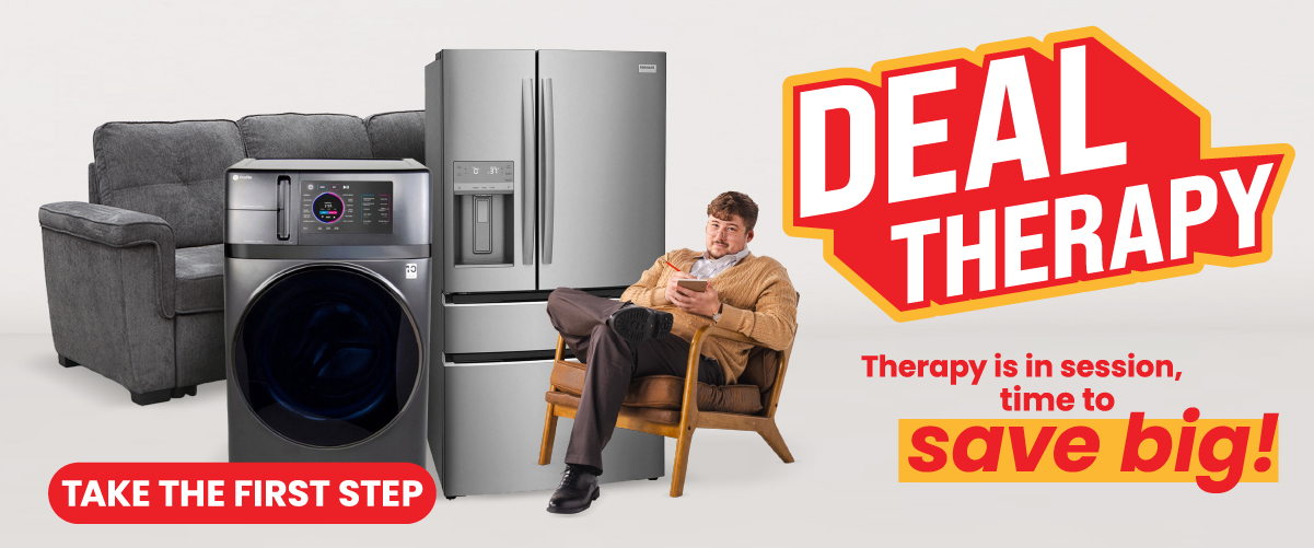  Deal Therapy sale promotion featuring a gray sofa, front-load washer, stainless steel French door refrigerator, and a man relaxing in a chair beside a large  deal therapy logo with the message therapy is in session, time to save big!