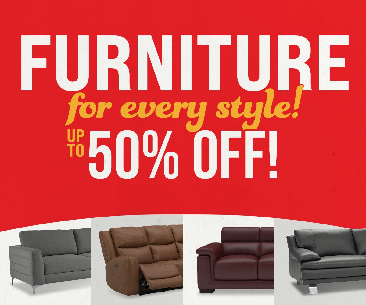 Furniture sale banner featuring a variety of sofas, loveseats, and recliners with text promoting furniture for every style and savings of up to 50% off.