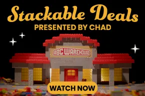  Stackable Deals presented by Chad featuring a LEGO-style ABC Warehouse storefront with a Watch Now button on a black background.