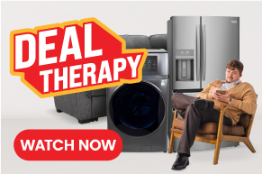 Deal Therapy promotional graphic featuring a man relaxing in a chair alongside a refrigerator, washer, dryer, and range. Includes a red watch now button.