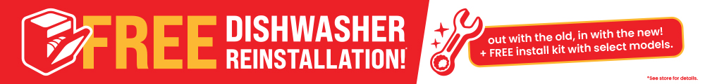 Free Dishwasher Reinstallation promotion banner featuring a dishwasher icon, bold 