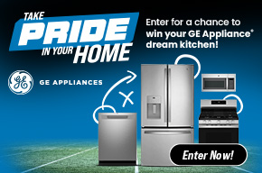 ABC Warehouse and GE Appliances Dream Kitchen Giveaway featuring a refrigerator, range, dishwasher, and microwave with game day deals on appliances and TVs.