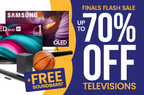 Samsung TVs promotion banner showing up to 70% off televisions, featuring a colorful TV display, a basketball graphic, and a free soundbar offer.