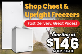 Chest and upright freezer sale featuring fast delivery and prices starting at $146 after rebate.
