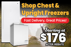 Chest and upright freezer sale featuring fast delivery and prices starting at $146 after rebate.