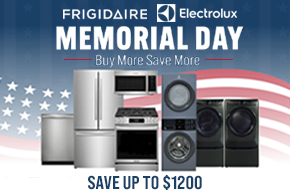  Frigidaire and Electrolux Memorial Day appliance sale featuring refrigerators, ranges, washers, and dryers with savings up to $1200.
