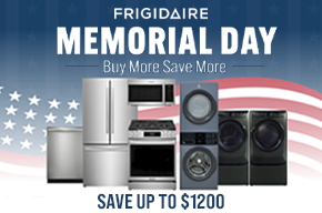 Frigidaire Memorial Day appliance sale banner featuring a refrigerator, range, washer, and dryer with patriotic American flag background and savings up to $1200.