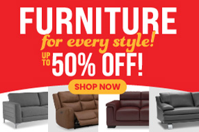  Furniture sale banner featuring sofas and recliners with the text Furniture for every style, Up to 50% Off, and a Shop Now button.