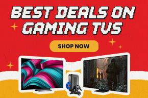 Gaming TV sale banner featuring a large TV, gaming console, and action game with the text Best Deals on Gaming TVs and a Shop Now button.