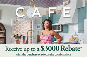 Café kitchen scene with woman cooking and text promoting up to a $3000 rebate on select suite combinations.