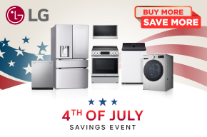  LG 4th of July promotional banner featuring a complete stainless steel kitchen appliance package and front-load washer with Buy More Save More offer over a patriotic American flag background.