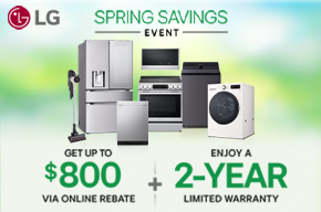 LG appliance sale offering up to 800 dollars off online rebates and a 2 year extended warranty on select products
