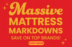  Massive Mattress Markdowns promotional graphic featuring bold yellow text on a red background with the message 