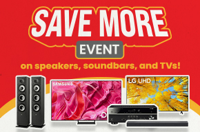 Memorial Day electronics sale featuring speakers, soundbars, Samsung and LG UHD TVs, and home audio equipment with bright red background.