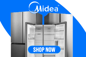 Midea refrigerator banner featuring stainless steel French door and side-by-side refrigerators.
