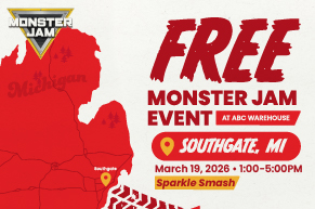 Promotional graphic for a free Monster Jam event at ABC Warehouse in Southgate, MI on March 19, 2026 from 1:00–5:00 PM, featuring a red Michigan map and Monster Jam branding with the Sparkle Smash truck mentioned.